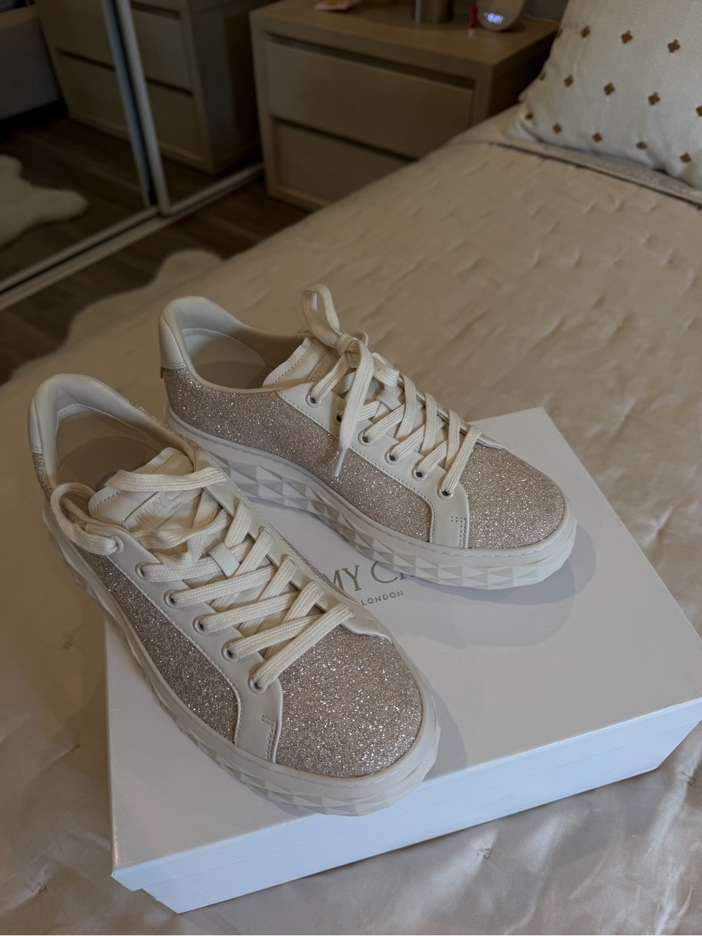 Jimmy Choo Cream Glitter Platform Sneakers